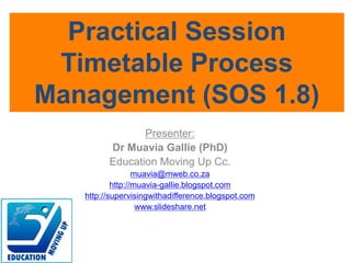 Presenter:
Dr Muavia Gallie (PhD)
Education Moving Up Cc.
muavia@mweb.co.za
http://muavia-gallie.blogspot.com
http://supervisingwithadifference.blogspot.com
www.slideshare.net
Practical Session
Timetable Process
Management (SOS 1.8)
 