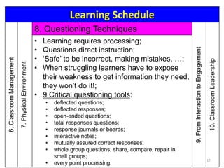 Learning Schedule6.ClassroomManagement
7.PhysicalEnvironment
8. Questioning Techniques
9.FromInteractiontoEngagement
10.ClassroomLeadership
• Learning requires processing;
• Questions direct instruction;
• ‘Safe’ to be incorrect, making mistakes, …;
• When struggling learners have to expose
their weakness to get information they need,
they won’t do it!;
• 9 Critical questioning tools:
• deflected questions;
• deflected responses;
• open-ended questions;
• total responses questions;
• response journals or boards;
• interactive notes;
• mutually assured correct responses;
• whole group questions, share, compare, repair in
small groups;
• every point processing.
17
 