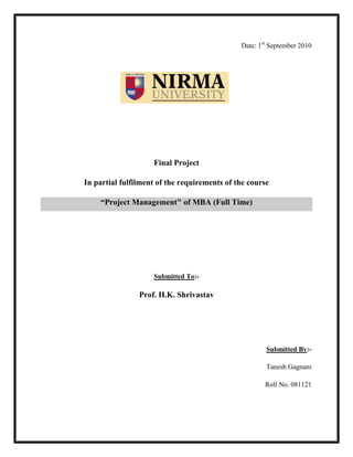                              Date: 1st September 2010<br />1737360278130<br />Final Project<br />In partial fulfilment of the requirements of the course <br />“Project Managementquot;
 of MBA (Full Time)<br />Submitted To:-<br />Prof. H.K. Shrivastav<br />                                                               <br /> Submitted By:-<br />                                                                                                 Tanesh Gagnani <br />Roll No. 081121<br /> TOC  quot;
1-2quot;
    <br />Introduction PAGEREF _Toc271337128  2<br />Emu PAGEREF _Toc271337129  2<br />What is Emu Farming PAGEREF _Toc271337130  3<br />Why Emu Farming PAGEREF _Toc271337131  3<br />Scale proposed for Start-up PAGEREF _Toc271337132  3<br />Resources Required PAGEREF _Toc271337133  3<br />Cost of Building and interiors PAGEREF _Toc271337134  7<br />Rationale PAGEREF _Toc271337135  10<br />Why I am choosing Emu Farming PAGEREF _Toc271337136  10<br />Industry outlook PAGEREF _Toc271337137  10<br />Establishing PAGEREF _Toc271337138  11<br />Operational Process PAGEREF _Toc271337139  12<br />Cash Flow Projections and Break-Even Analysis Money is not raised through loan PAGEREF _Toc271337140  14<br />Only Eggs are sold PAGEREF _Toc271337141  14<br />Eggs and meat both are sold PAGEREF _Toc271337142  16<br />Cash Flow Projections and Break-Even Analysis Money is raised through loan and further refinanced by NABARD PAGEREF _Toc271337143  18<br />Only Eggs are sold PAGEREF _Toc271337144  18<br />Eggs and Meat are sold PAGEREF _Toc271337145  20<br />Risks PAGEREF _Toc271337146  21<br />Risk Assessment PAGEREF _Toc271337147  21<br />Exit Strategy PAGEREF _Toc271337148  22<br />Introduction<br />Emu<br />The Emu, Dromaius novaehollandiae, is the largest bird native to Australia and the only extant member of the genus Dromaius. It is also the second-largest extant bird in the world by height, after its ratite relative, the ostrich. The soft-feathered, brown, flightless birds reach up to 2 metres (6.6 ft) in height. It can survive in almost any climate; it has very strong immune system which means it requires very little care.<br />Emus are birds of very docile and calm nature and live in flocks with a flock size ranging between 16 to 20 Emus. In captivity it is prescribed that each bird should have a minimum area of 400 to 500 sq Ft. Emus breed mostly in monogamous pairs with 1 male for 1 female. In some rare cases the ratio may go up-to 1 male for 2 females. Emus live for about 45-50 years.<br />What is Emu Farming<br />Emu farming is a branch of poultry in which Emus are domesticated and farmed; much like farming of chickens. Only differentiating factor in my opinion is though chickens are farmed for direct consumption i.e. for their meat and eggs which are consumed and their consumption is very common whereas Emu derivatives have mostly medicinal value and their meat is not very popular, Possibly because it is not easily available.<br />Why Emu Farming<br />The main reason for considering Emu Farming is <br />,[object Object]