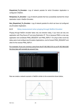 Ver 11.1 21
Dispatched_To_Emulator - Log of network packets for which Emulation Application is
configured in NetSim.
Reinjected_To_Emulator - Log of network packets that has successfully reached the virtual
destination node in NetSim Simulator.
Non_Dispatched_To_Emulator - Log of network packets for which we have not configured
any Emulation Application.
3.1.1 Delay measurement when pinging through NetSim Emulator
Pinging through NetSim emulator takes only one direction delay, if you have set only one
application with Ping Source IP and ping Destination IP. This is because PING is a two way
application and constitutes PING_REQUEST and PING_REPLY. For ping to take round trip
delay users must configure two Emulation Applications, one for forward PING_REQUEST and
other for the reverse PING_REPLY.
For example: If you are running a ping from the IP 192.168.0.151 to an IP 192.168.0.202
the time take will normally be around 1ms.
Now we create a network scenario in NetSim similar to the screenshot shown below,
 