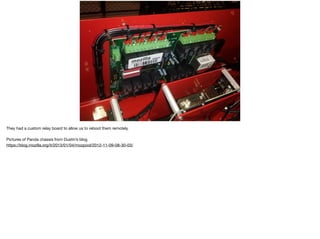 They had a custom relay board to allow us to reboot them remotely.

Pictures of Panda chassis from Dustin’s blog

https://blog.mozilla.org/it/2013/01/04/mozpool/2012-11-09-08-30-03/
 