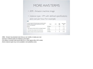 MORE AWSTERMS
• AMI - Amazon machine image
• instance type -VM with deﬁned speciﬁcations
and cost per hour. For example:
-AMIs - Amazon has standard ones that you can modify or create your own

-pricing on instance types can depend on the region

-m3.medium currently costs around $0.07hr in most regions (Nov 2015 costs)

-Some instance types may not be available in all availability zones

 