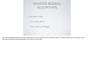 SMARTER BIDDING
ALGORITHMS
• Important scripts
• aws_stop_idle.py
• aws_watch_pending.py
-stop_idle stops instances that are no longer needed given our current capacity (idle for a certain time period - threshold depends on if on-demand or spot)

-aws_watch_pending activates instances given the criteria on the next slide
 