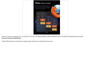 We have a continuous integration farm running 24x7 on commit. Our release cadence is every six weeks for Firefox for Android. We release betas every week.

https://wiki.mozilla.org/RapidRelease

I’ll talk a little bit about our environment in general, before I delve into our Android test environment.

 