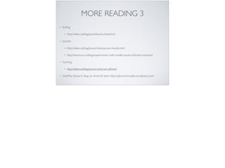 MORE READING 3
• Scaling
• http://atlee.ca/blog/posts/bursty-load.html
• jacuzzis
• http://atlee.ca/blog/posts/initial-jacuzzi-results.html
• http://hearsum.ca/blog/experiments-with-smaller-pools-of-build-machines/
• Caching
• http://atlee.ca/blog/posts/cache-em-all.html
• Geoffrey Brown’s blog on Android tests https://gbrownmozilla.wordpress.com/
 