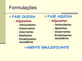 Formulações
 FASE OLEOSA
 Adjuvantes
 Antioxidantes
 Conservantes
 Umectantes
 Emolientes
 Estabilizantes
secundários
 FASE AQUOSA
 Adjuvantes
 Antioxidantes
 Quelantes
 Conservantes
 Estabilizantes
secundários
AGENTE EMULSIFICANTE
 