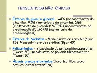 TENSOATIVOS NÃO IÔNICOS
 Ésteres do glicol e glicerol – MEG (monoestearatode
glicerila); MOG (monooleato de glicerila); DEG
(diestearato de glicerila); MEPPG (monoestearato de
propilenoglicol); MOPPG (monooleato de
propilenoglicol)
 Ésteres do Sorbitan - Monolaurato de sorbitan(Span
20); Monopalmitato de sorbitan (Span 40)
 Polissorbatos - monooleato de polioxietilenossorbitan
(Tween 80); monolaurato de polioxietilenossorbitan
(Tween 20)
 Álcoois graxos etoxilados(álcool laurílico; álcool
cetílico; álcool estearílico)
 