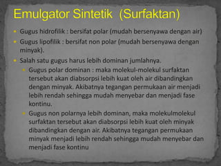  Gugus hidrofilik : bersifat polar (mudah bersenyawa dengan air)
 Gugus lipofilik : bersifat non polar (mudah bersenyawa dengan
minyak).
 Salah satu gugus harus lebih dominan jumlahnya.
 Gugus polar dominan : maka molekul-molekul surfaktan
tersebut akan diabsorpsi lebih kuat oleh air dibandingkan
dengan minyak. Akibatnya tegangan permukaan air menjadi
lebih rendah sehingga mudah menyebar dan menjadi fase
kontinu.
 Gugus non polarnya lebih dominan, maka molekulmolekul
surfaktan tersebut akan diabsorpsi lebih kuat oleh minyak
dibandingkan dengan air. Akibatnya tegangan permukaan
minyak menjadi lebih rendah sehingga mudah menyebar dan
menjadi fase kontinu
 