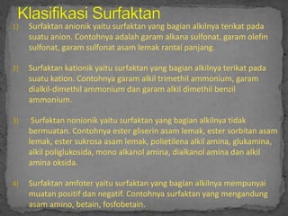 1) Surfaktan anionik yaitu surfaktan yang bagian alkilnya terikat pada
suatu anion. Contohnya adalah garam alkana sulfonat, garam olefin
sulfonat, garam sulfonat asam lemak rantai panjang.
2) Surfaktan kationik yaitu surfaktan yang bagian alkilnya terikat pada
suatu kation. Contohnya garam alkil trimethil ammonium, garam
dialkil-dimethil ammonium dan garam alkil dimethil benzil
ammonium.
3) Surfaktan nonionik yaitu surfaktan yang bagian alkilnya tidak
bermuatan. Contohnya ester gliserin asam lemak, ester sorbitan asam
lemak, ester sukrosa asam lemak, polietilena alkil amina, glukamina,
alkil poliglukosida, mono alkanol amina, dialkanol amina dan alkil
amina oksida.
4) Surfaktan amfoter yaitu surfaktan yang bagian alkilnya mempunyai
muatan positif dan negatif. Contohnya surfaktan yang mengandung
asam amino, betain, fosfobetain.
 