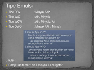  Tipe O/W : Minyak / Air
 Tipe W/O : Air / Minyak
 Tipe WOW : Air / Minyak / Air
 Tipe OWO : Minyak / Air / Minyak
Emulsi :
 Campuran terner : air + minyak + emulgator
 