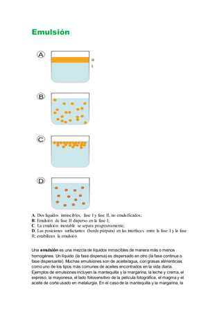 Emulsión
A. Dos líquidos inmiscibles, fase I y fase II, no emulsificados;
B. Emulsión de fase II disperso en la fase I;
C. La emulsión inestable se separa progresivamente;
D. Las posiciones surfactantes (borde púrpura) en las interfaces entre la fase I y la fase
II; estabilizan la emulsión
Una emulsión es una mezcla de líquidos inmiscibles de manera más o menos
homogénea. Un líquido (la fase dispersa) es dispersado en otro (la fase continua o
fase dispersante). Muchas emulsiones son de aceite/agua, con grasas alimenticias
como uno de los tipos más comunes de aceites encontrados en la vida diaria.
Ejemplos de emulsiones incluyen la mantequilla y la margarina, la leche y crema, el
expreso, la mayonesa, el lado fotosensitivo de la película fotográfica, el magma y el
aceite de corte usado en metalurgia. En el caso de la mantequilla y la margarina, la
 
