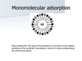 Monomolecular adsorption Rule of Bancroft: The type of the emulsion is a function of the relative solubility of the surfactant, the phase in which it is more soluble being the continuous phase.  