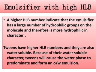 Emulsifier with high HLB
• A higher HLB number indicate that the emulsifier
has a large number of hydrophilic groups on the
molecule and therefore is more hydrophilic in
character .
Tweens have higher HLB numbers and they are also
water soluble. Because of their water soluble
character, tweens will cause the water phase to
predominate and form an o/w emulsion.
 