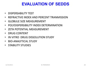 EVALUATION OF SEDDS
• DISPERSABILITY TEST
• REFRACTIVE INDEX AND PERCENT TRANMISSION
• GLOBULE SIZE MEASUREMENT
• POLYDISPERSIBILITY INDEX DETERMINATION
• ZETA POTENTIAL MEASUREMENT
• DRUG CONTENT
• IN VITRO DRUG DISSOLUTION STUDY
• BIO-ANALYTICAL STUDY
• STABILITY STUDIES
28
12/14/2021 KC PANIGRAHI
 