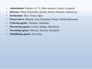• Antioxidants-Vitamin A,C, E, Beta carotene, Lutein, Lycopene
• Solvents- Water, Polyhydric alcohol, Hydro-alcoholic solution etc.
• Surfactants- SLS, Tween, Span
• Preservatives- Benzoic acid, Potassium Nitrate, Sodium Benzoate
• Coloring agents- Turmeric, Safaranin.
• Flavouring agents- Lemon, Mango, Strawberry.
• Sweetning agents- Glucose, Sucrose, Saccharin.
• Solubilizing agents- Glycerine.
 