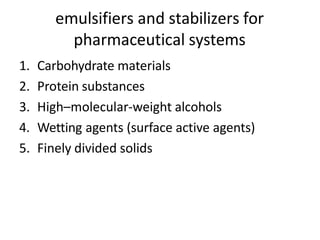 emulsifiers and stabilizers for
pharmaceutical systems
1. Carbohydrate materials
2. Protein substances
3. High–molecular-weight alcohols
4. Wetting agents (surface active agents)
5. Finely divided solids
 