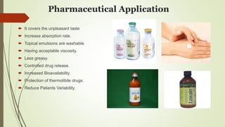 Pharmaceutical Application
 It covers the unpleasant taste
 Increase absorption rate.
 Topical emulsions are washable.
 Having acceptable viscosity.
 Less greasy.
 Controlled drug release.
 Increased Bioavailability.
 Protection of thermolibile drugs.
 Reduce Patients Variability.
 