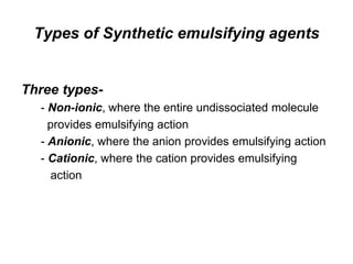 Types of Synthetic emulsifying agents
Three types-
- Non-ionic, where the entire undissociated molecule
provides emulsifying action
- Anionic, where the anion provides emulsifying action
- Cationic, where the cation provides emulsifying
action
 