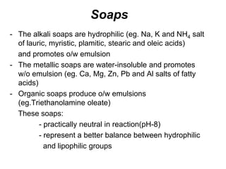Soaps
- The alkali soaps are hydrophilic (eg. Na, K and NH4 salt
of lauric, myristic, plamitic, stearic and oleic acids)
and promotes o/w emulsion
- The metallic soaps are water-insoluble and promotes
w/o emulsion (eg. Ca, Mg, Zn, Pb and Al salts of fatty
acids)
- Organic soaps produce o/w emulsions
(eg.Triethanolamine oleate)
These soaps:
- practically neutral in reaction(pH-8)
- represent a better balance between hydrophilic
and lipophilic groups
 
