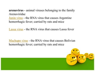 arenavirus - animal viruses belonging to the family
Arenaviridae
Junin virus - the RNA virus that causes Argentine
hemorrhagic fever; carried by rats and mice
Lassa virus - the RNA virus that causes Lassa fever
Machupo virus - the RNA virus that causes Bolivian
hemorrhagic fever; carried by rats and mice
 