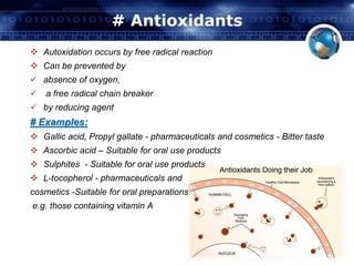 # Antioxidants 
 Autoxidation occurs by free radical reaction 
 Can be prevented by 
 absence of oxygen, 
 a free radical chain breaker 
 by reducing agent 
# Examples: 
 Gallic acid, Propyl gallate - pharmaceuticals and cosmetics - Bitter taste 
 Ascorbic acid – Suitable for oral use products 
 Sulphites - Suitable for oral use products 
 L-tocopherol - pharmaceuticals and 
cosmetics -Suitable for oral preparations 
e.g. those containing vitamin A 
 