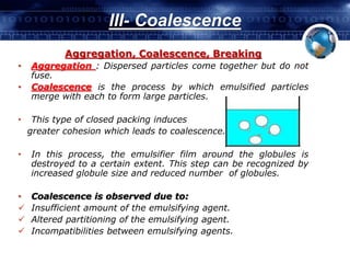III- Coalescence 
Aggregation, Coalescence, Breaking 
• Aggregation : Dispersed particles come together but do not 
fuse. 
• Coalescence is the process by which emulsified particles 
merge with each to form large particles. 
• This type of closed packing induces 
greater cohesion which leads to coalescence. 
• In this process, the emulsifier film around the globules is 
destroyed to a certain extent. This step can be recognized by 
increased globule size and reduced number of globules. 
• Coalescence is observed due to: 
 Insufficient amount of the emulsifying agent. 
 Altered partitioning of the emulsifying agent. 
 Incompatibilities between emulsifying agents. 
 