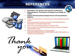 REFERENCES 
 Remington: The Science and Practice of Pharmacy 
 Pharmaceutics: The Science of Dosage Form Design by 
Aulton 
 Ansel's Pharmaceutical Dosage Forms and Drug Delivery 
Systems 
 http://www.chm.bris.ac.uk/eastoe/Surf_Chem/3%20Microemulsio 
ns.pdf 
 http://www.preservearticles.com/2011122319138/tests-for-identification- 
of-emulsion-types.html 
 http://www.wasanlab.com/pharm/emulsion.html 
 http://quizlet.com/11069679/pharmaceutics-module-8-disperse-systems- 
flash-cards/ 
 http://www.powershow.com/view/114b96- 
OWQyN/PHARMACEUTICAL_SUSPENSIONS_AND_EMULSIONS_po 
werpoint_ppt_presentation 
