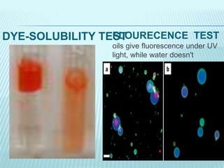 DYE-SOLUBILITY TESTFLOURECENCE TEST
oils give fluorescence under UV
light, while water doesn't
 