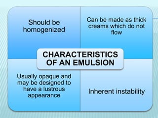Should be
homogenized
Can be made as thick
creams which do not
flow
Usually opaque and
may be designed to
have a lustrous
appearance
Inherent instability
CHARACTERISTICS
OF AN EMULSION
 