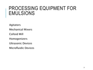 PROCESSING EQUIPMENT FOR
EMULSIONS
Agitators
Mechanical Mixers
Colloid Mill
Homogenizers
Ultrasonic Devices
Microfluidic Devices
31
 