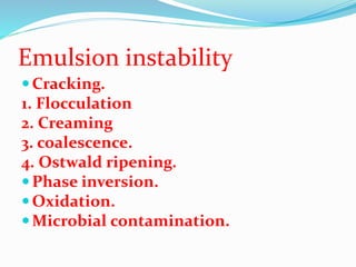 Emulsion instability
Cracking.
1. Flocculation
2. Creaming
3. coalescence.
4. Ostwald ripening.
Phase inversion.
Oxidation.
Microbial contamination.
 