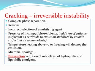 Cracking – irreversible instability
 Complete phase separation.
 Reasons:
- Incorrect selection of emulsifying agent
- Presence of incompatible excipients. ( addition of cationic
surfactant as cetrimide to emulsion stabilized by anionic
surfactant as sodium oleate).
- Temperature heating above 70 or freezing will destroy the
emulsion. .
- Microbial spoilage.
- Prevention: addition of monolayer of hydrophilic and
lipophilic emulgent.
 