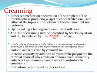 Creaming
 Either sedimentation or elevation of the droplets of the
internal phase producing a layer of concentrated emulsion
either at the top or at the bottom of the container but not
coalesces.
 Upon shaking a homogeneous emulsion will result.
 The rate of creaming may be described by Stocks' equation
and can be reduced by: where,
 v is the velocity of creaming, a is the radius, η is the viscosity of the dispersion
medium, ρσ id the densities of the disperse medium and the dispersed phase.
- Particle size reduction by colloidal mill.
- Increase viscosity by addition of hydrophilic polymer to the
external phase of o/w emulsion or non-aqueous viscosity
enhancer ( aluminium stearate salts Thixin)into w/o
emulsions.
- Prevention is controlled by Stocks' Law.
ν=
𝟐𝒂𝟐𝒈(σ−ρ)
𝟗η
 