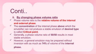 Conti..
ii. By changing phase volume ratio
 Phase volume ratio is the relative volume of the internal
and external phase.
 The concentration of the internal phase above which the
emulsifier can not produce a stable emulsion of desired type
is called Critical point.
 Generally, a phase volume ratio of 50/50 results in most
stable emulsion.
 However, a general emulsion may be prepared without
inversion with as much as 74% of volume of the internal
phase.
 