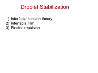 Droplet Stabilization
1) Interfacial tension theory
2) Interfacial film
3) Electric repulsion
 