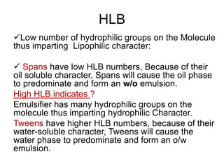 ✓Low number of hydrophilic groups on the Molecule
thus imparting Lipophilic character:
✓ Spans have low HLB numbers, Because of their
oil soluble character, Spans will cause the oil phase
to predominate and form an w/o emulsion.
High HLB indicates ?
Emulsifier has many hydrophilic groups on the
molecule thus imparting hydrophilic Character.
Tweens have higher HLB numbers, because of their
water-soluble character, Tweens will cause the
water phase to predominate and form an o/w
emulsion.
HLB
 