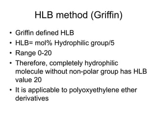 HLB method (Griffin)
• Griffin defined HLB
• HLB= mol% Hydrophilic group/5
• Range 0-20
• Therefore, completely hydrophilic
molecule without non-polar group has HLB
value 20
• It is applicable to polyoxyethylene ether
derivatives
 