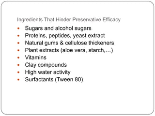 Ingredients That Hinder Preservative EfficacySugars and alcohol sugarsProteins, peptides, yeast extractNatural gums & cellulose thickenersPlant extracts (aloe vera, starch,…)VitaminsClay compoundsHigh water activitySurfactants (Tween 80)