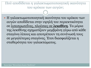 Πού αποδίδεται η γαλακτωματοποιητική ικανότητα
του κρόκου των αυγών;
 Η γαλακτωματοποιητική ικανότητα του κρόκου των
αυγών αποδίδεται στην υψηλή του περιεκτικότητα
σε λιποπρωτεΐνες, πλούσιες σε λεκιθίνη. Τα μόρια
της λεκιθίνης σχηματίζουν μεμβράνη γύρω από κάθε
σταγόνα λίπους και αποτρέπουν τη συνένωσή τους
σε μεγαλύτερες σταγόνες. Έτσι διασφαλίζεται η
σταθερότητα του γαλακτώματος.
Εργαστήριο "Μεταποίηση Ζωικών Προϊόντων"
 