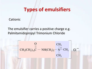 Types of emulsifiers
Cationic
The emulsifier carries a positive charge e.g.
Palmitamidopropyl Trimonium Chloride
_
ClCH3(CH2)14C NH(CH2)3
O
CH3
CH3
N CH3
+
 