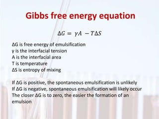 Gibbs free energy equation
∆𝐺 = 𝛾𝐴 − 𝑇∆𝑆
ΔG is free energy of emulsification
γ is the interfacial tension
A is the interfacial area
T is temperature
ΔS is entropy of mixing
If ΔG is positive, the spontaneous emulsification is unlikely
If ΔG is negative, spontaneous emulsification will likely occur
The closer ΔG is to zero, the easier the formation of an
emulsion
 