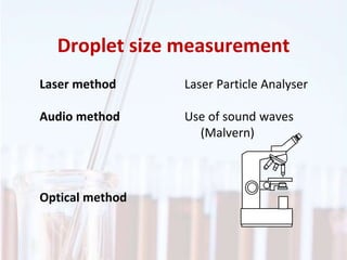 Droplet size measurement
Laser method Laser Particle Analyser
Audio method Use of sound waves
(Malvern)
Optical method
 