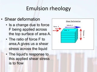 Emulsion rheology
Shear Deformation
• Shear deformation
• Is a change due to force
F being applied across
the top surface of area A.
• The ratio of force F to
area,A gives us a shear
stress across the liquid
• The liquid's response to
this applied shear stress
is to flow
 