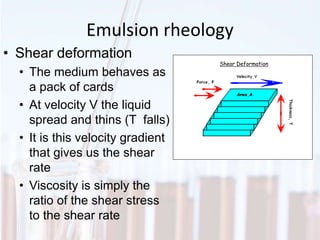 Shear Deformation
Emulsion rheology
• Shear deformation
• The medium behaves as
a pack of cards
• At velocity V the liquid
spread and thins (T falls)
• It is this velocity gradient
that gives us the shear
rate
• Viscosity is simply the
ratio of the shear stress
to the shear rate
 