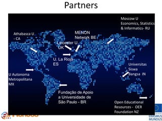 Partners
MENON
Network BE
Leicester U.
UK
U. La Rioja
ES
Fundação de Apoio
a Universidade de
São Paulo - BR
U Autonoma
Metropolitana
MX
Open Educational
Resources - OER
Foundation NZ
Athabasca U
- CA
Universitas
Siswa
Bangsa IN
Moscow U
Economics, Statistics
& Informatics- RU
 