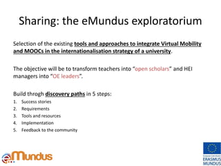 Sharing: the eMundus exploratorium
Selection of the existing tools and approaches to integrate Virtual Mobility
and MOOCs in the internationalisation strategy of a university.
The objective will be to transform teachers into “open scholars” and HEI
managers into “OE leaders”.
Build throgh discovery paths in 5 steps:
1. Success stories
2. Requirements
3. Tools and resources
4. Implementation
5. Feedback to the community
 