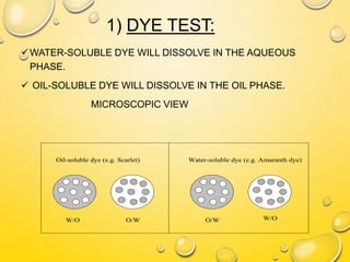 1) DYE TEST:
WATER-SOLUBLE DYE WILL DISSOLVE IN THE AQUEOUS
PHASE.
 OIL-SOLUBLE DYE WILL DISSOLVE IN THE OIL PHASE.
MICROSCOPIC VIEW
Oil-soluble dye (e.g. Scarlet) Water-soluble dye (e.g. Amaranth dye)
O/W W/OO/WW/O
 