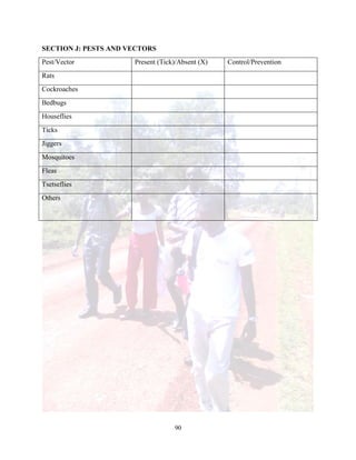 90
SECTION J: PESTS AND VECTORS
Pest/Vector Present (Tick)/Absent (X) Control/Prevention
Rats
Cockroaches
Bedbugs
Houseflies
Ticks
Jiggers
Mosquitoes
Fleas
Tsetseflies
Others
 