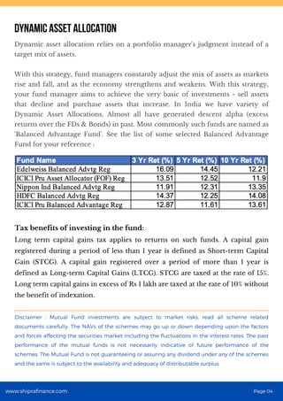 Dynamic asset allocation relies on a portfolio manager's judgment instead of a
target mix of assets.
With this strategy, fund managers constantly adjust the mix of assets as markets
rise and fall, and as the economy strengthens and weakens. With this strategy,
your fund manager aims to achieve the very basic of investments - sell assets
that decline and purchase assets that increase. In India we have variety of
Dynamic Asset Allocations. Almost all have generated descent alpha (excess
returns over the FDs & Bonds) in past. Most commonly such funds are named as
'Balanced Advantage Fund'. See the list of some selected Balanced Advantage
Fund for your reference :
DYNAMIC ASSET ALLOCATION
Long term capital gains tax applies to returns on such funds. A capital gain
registered during a period of less than 1 year is defined as Short-term Capital
Gain (STCG). A capital gain registered over a period of more than 1 year is
defined as Long-term Capital Gains (LTCG). STCG are taxed at the rate of 15%.
Long term capital gains in excess of Rs 1 lakh are taxed at the rate of 10% without
the benefit of indexation.
Tax benefits of investing in the fund:
Disclaimer : Mutual Fund investments are subject to market risks, read all scheme related
documents carefully. The NAVs of the schemes may go up or down depending upon the factors
and forces affecting the securities market including the fluctuations in the interest rates. The past
performance of the mutual funds is not necessarily indicative of future performance of the
schemes. The Mutual Fund is not guaranteeing or assuring any dividend under any of the schemes
and the same is subject to the availability and adequacy of distributable surplus.
www.shiprafinance.com Page 04
 