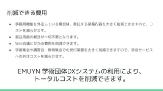 削減できる費用
● 事務局機能を外注している場合は、委託する業務内容を大きく削減できますので、コ
ストを減らせます。
● 振込用紙の郵送が一切不要となります。
● Web会議にかかる費用を削減できます。
● 学術集会や講習会・教育集会での受付業務を大きく削減できますので、学会サービス
への外注コストを減らせます。
EMUYN 学術団体DXシステムの利用により、
トータルコストを削減できます。
 